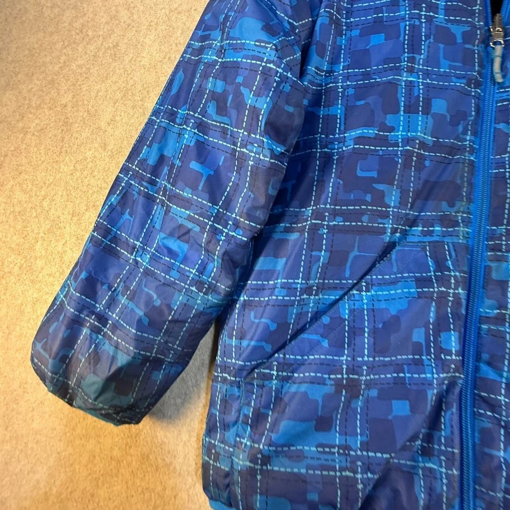 Columbia Boys Reversible Puffer Jacket Blue Camo Grid Fleece Hooded Full Zip